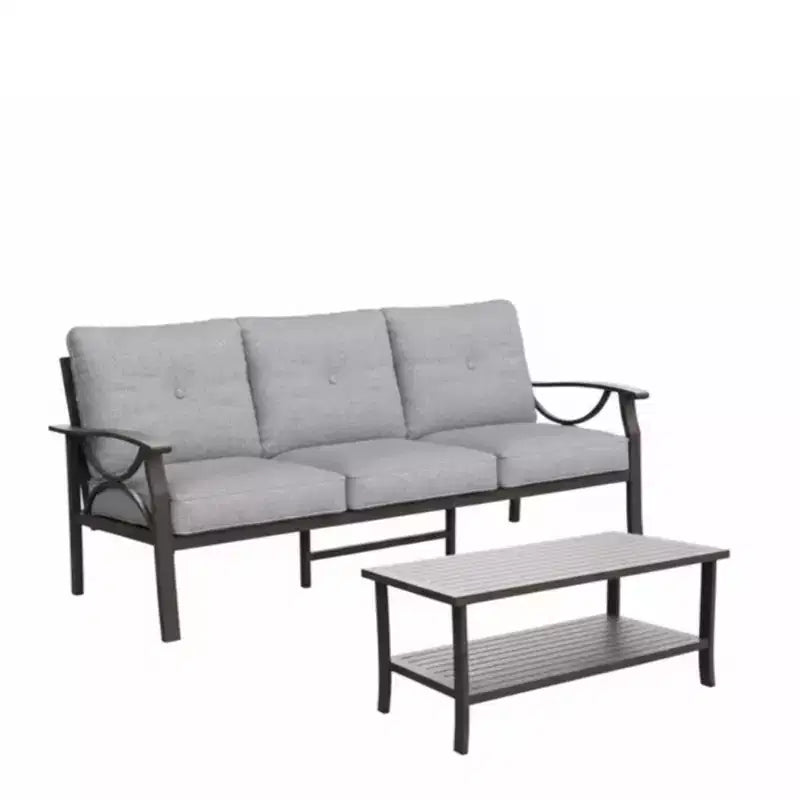 Ensemble de patio 2 pièces, canapé d'extérieur 3 places en métal tout temps de 178 cm et table basse rectangulaire, cadre kaki avec coussins gris
