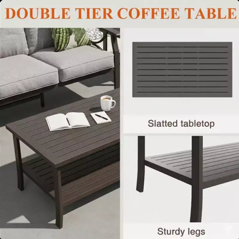 Ensemble de patio 2 pièces, canapé d'extérieur 3 places en métal tout temps de 178 cm et table basse rectangulaire, cadre kaki avec coussins gris