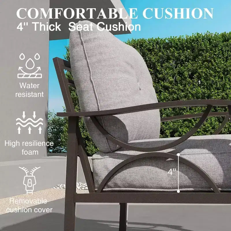 Ensemble de patio 2 pièces, canapé d'extérieur 3 places en métal tout temps de 178 cm et table basse rectangulaire, cadre kaki avec coussins gris