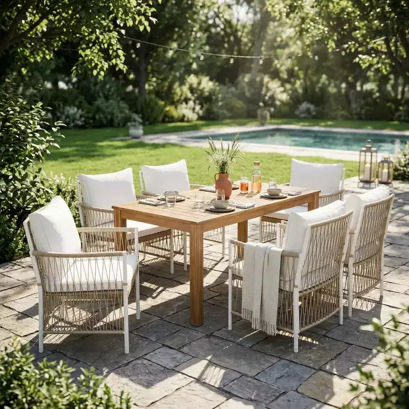 GDFStudio Nicolas Patio 7 Piece Wood and Metal Dining Set with Hand-Woven Rattan Arm Chairs
