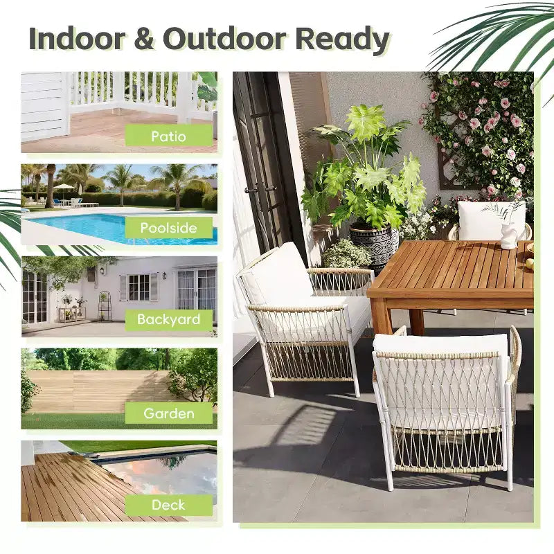 GDFStudio Nicolas, ensemble de salle à manger 7 pièces pour patio en bois et métal avec fauteuils en rotin tressé à la main
