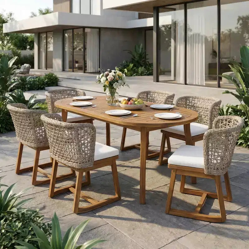 Christopher Knight Home Crunhi Modern 7 Piece Patio Acacia Dining Set with Slatted Table and Wicker Back
