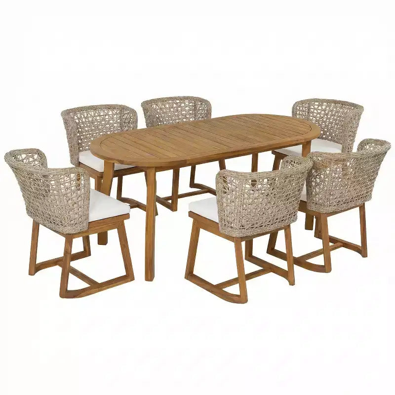 Christopher Knight Home Crunhi Ensemble de salle à manger moderne 7 pièces en acacia pour terrasse avec table à lattes et dossier en osier