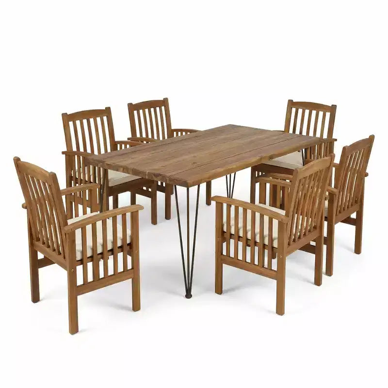 Christopher Knight Home Yeye Ensemble de salle à manger d'extérieur rustique 7 pièces en bois d'acacia avec coussins