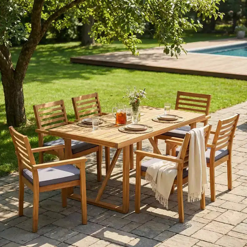 Christopher Knight Home Emerson Rustic 7 Piece Patio Acacia Wood Dining Set with Cushions
