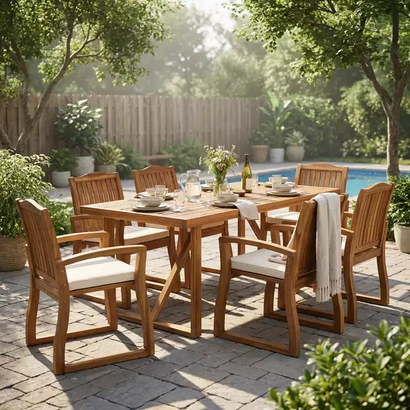 Christopher Knight Home Wrinki Modern 7 Piece Patio Acacia Dining Set with Slatted Design