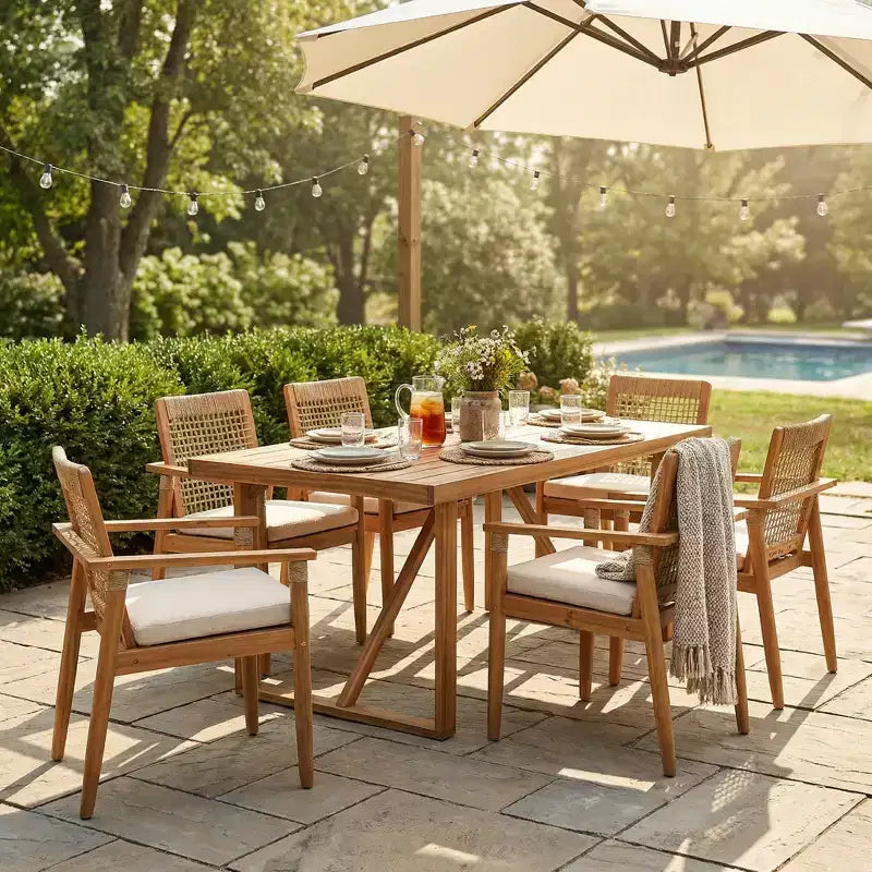 Christopher Knight Home Bryan Modern 7 Piece Patio Acacia Dining Set with Slatted Table and Rope Design
