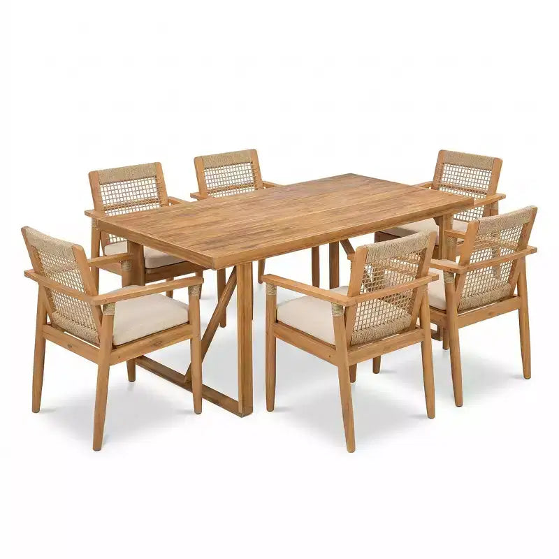 Ensemble de salle à manger d'extérieur moderne 7 pièces en acacia Bryan Christopher Knight Home avec table à lattes et design en corde
