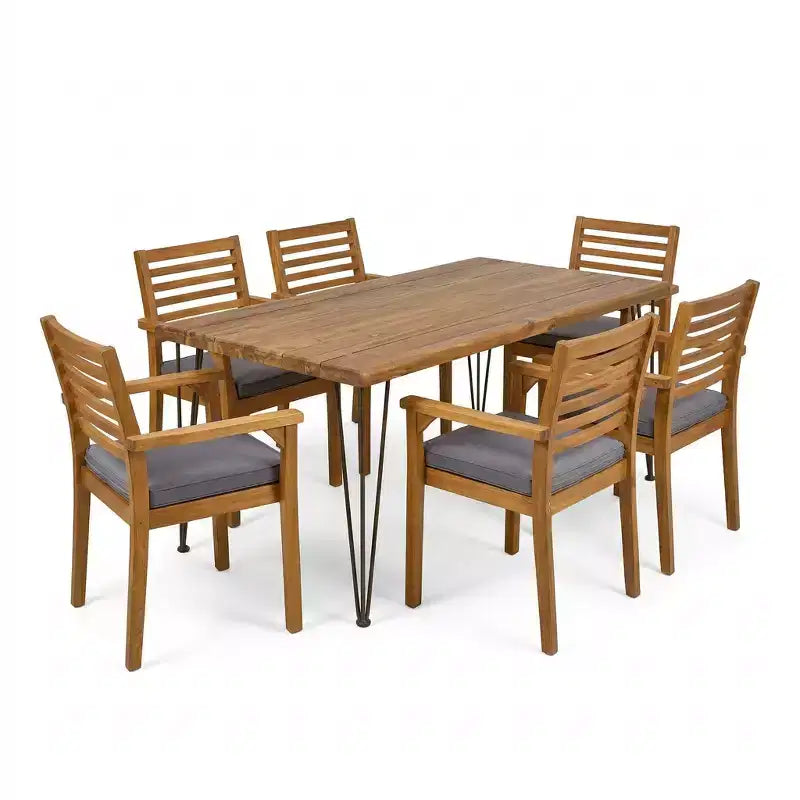 Christopher Knight Home Ensemble de salle à manger d'extérieur rustique irlandais 7 pièces en bois d'acacia avec coussins