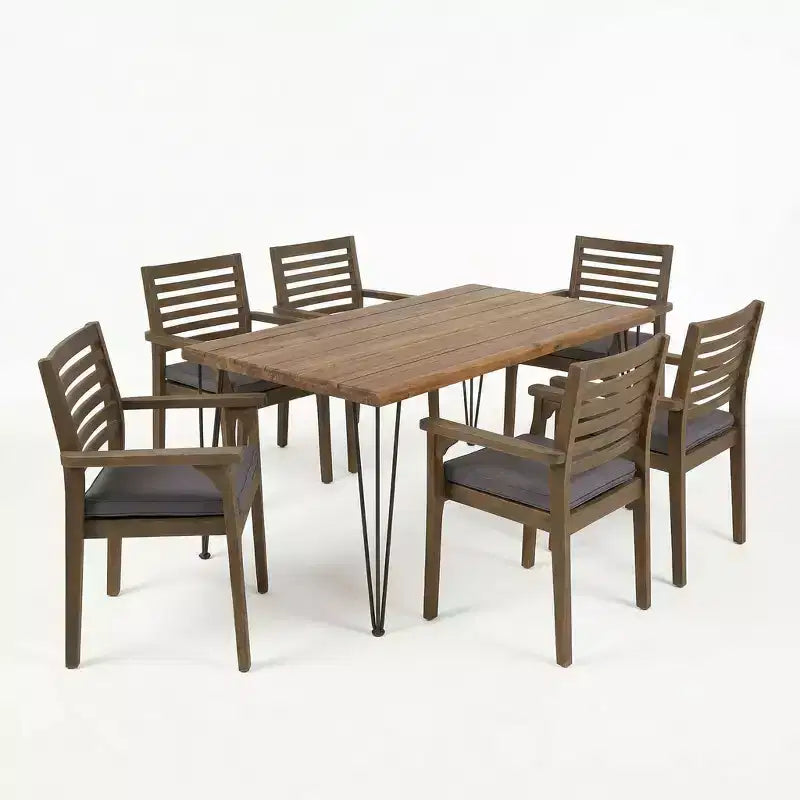 Christopher Knight Home Ensemble de salle à manger d'extérieur rustique irlandais 7 pièces en bois d'acacia avec coussins