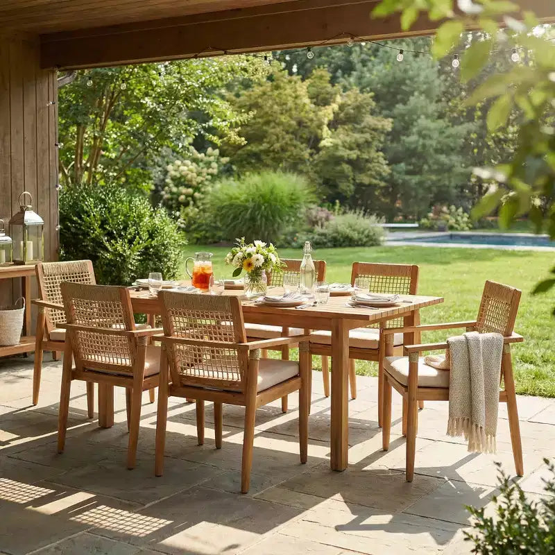 Christopher Knight Home Andiez Modern 7 Piece Patio Acacia Dining Set with Expandable Slatted Table and Rope Design