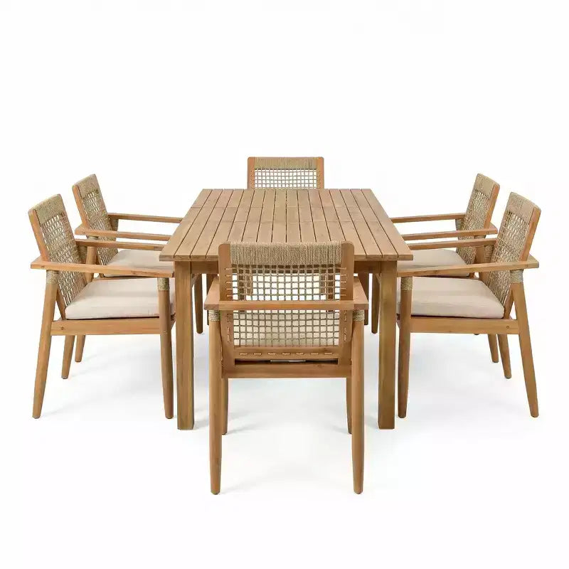 Christopher Knight Home Andiez, ensemble de salle à manger moderne de 7 pièces en acacia, pour terrasse, avec table à lattes extensible et design en corde.