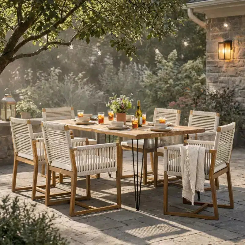 Christopher Knight Home Cristi Ensemble de salle à manger d'extérieur moderne 7 pièces en acacia avec table à lattes, pieds en fer et motif en corde