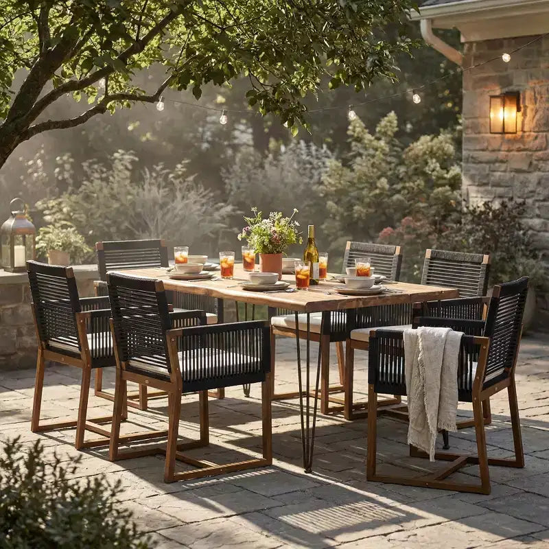 Christopher Knight Home Cristi Ensemble de salle à manger d'extérieur moderne 7 pièces en acacia avec table à lattes, pieds en fer et motif en corde
