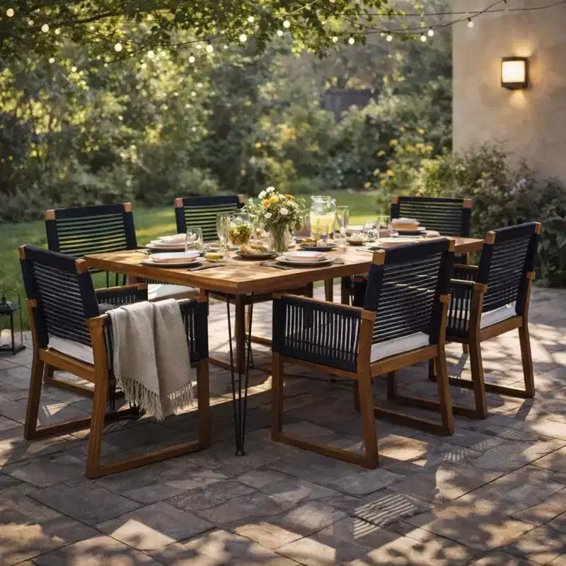 Christopher Knight Home Cristi Modern 7 Piece Patio Acacia Dining Set with Slatted Table, Iron Legs and Rope Design
