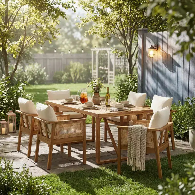 Christopher Knight Home William 7 Piece Patio Rustic Acacia Wood Rattan Dining Chairs with Slatted Table