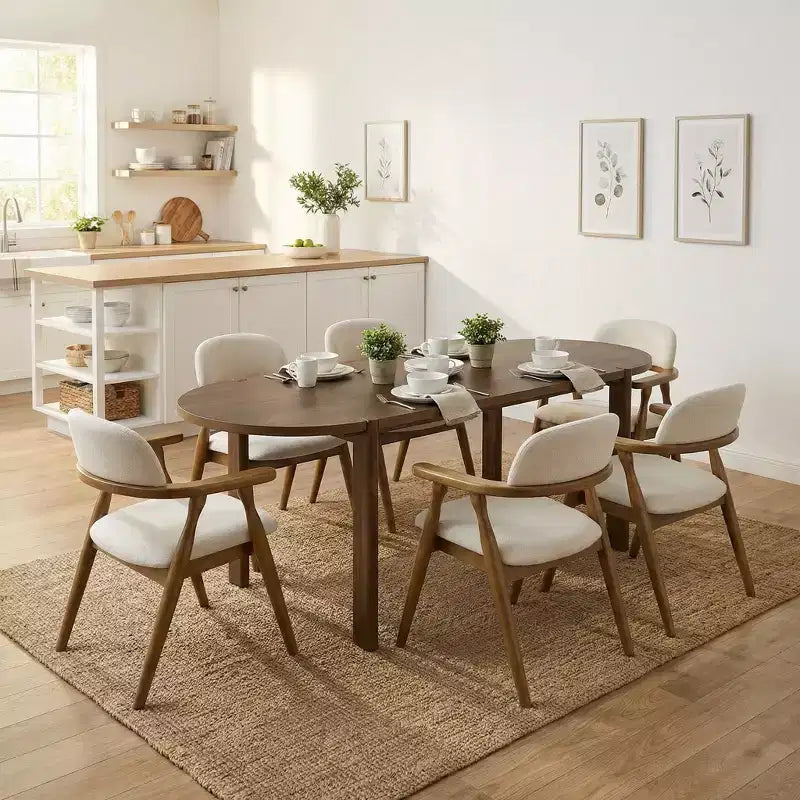 Christopher Knight Home Qinon Modern 7 Piece Patio Rubberwood Dining Set with Oval Table and Curved Backrest