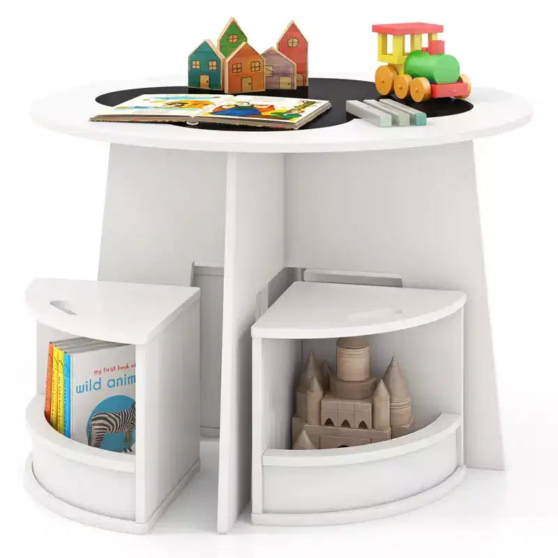 Costway 5-PC Kids Table & Chair Set w/Writable Blackboard&Storage Stools for Read White