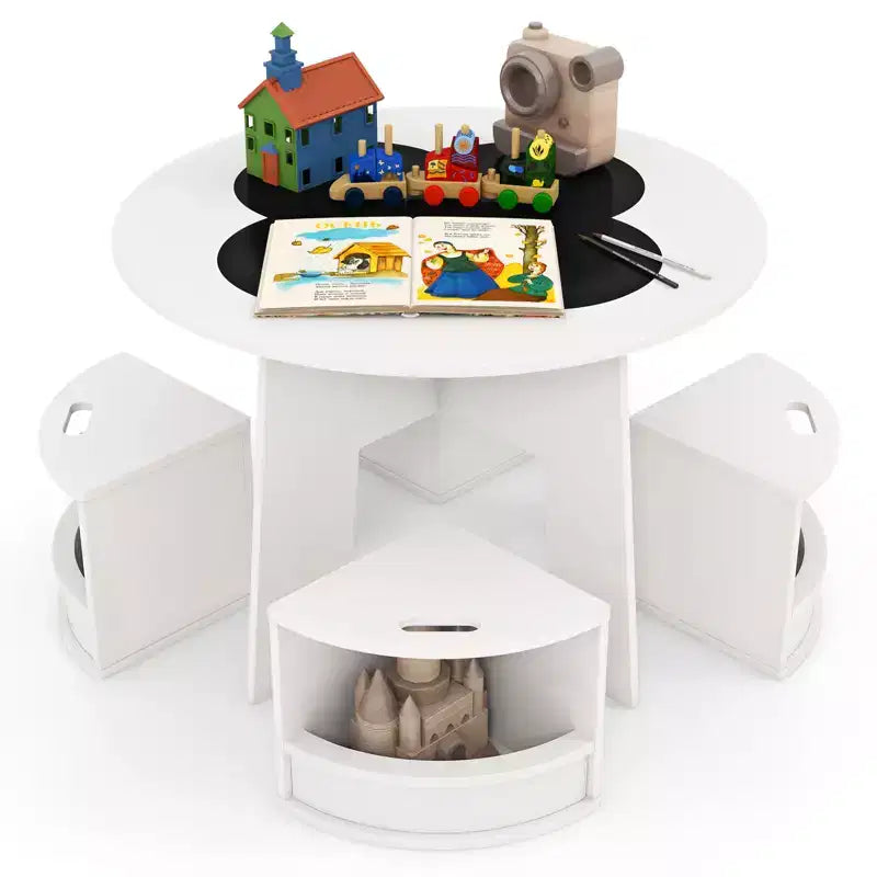 Costway Ensemble table et 5 chaises pour enfants avec tableau noir et tabourets de rangement pour la lecture, blanc