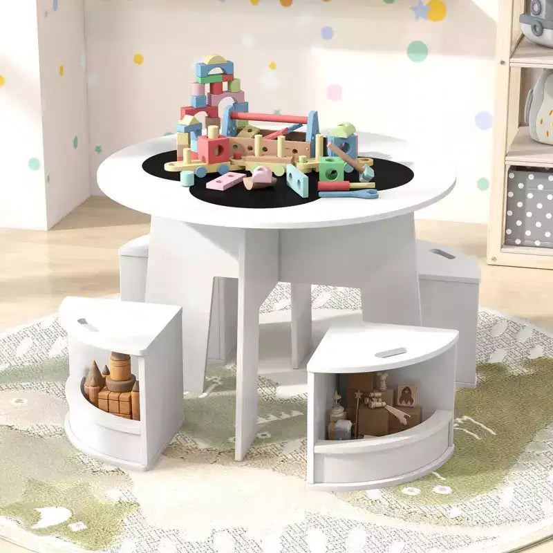 Costway Ensemble table et 5 chaises pour enfants avec tableau noir et tabourets de rangement pour la lecture, blanc
