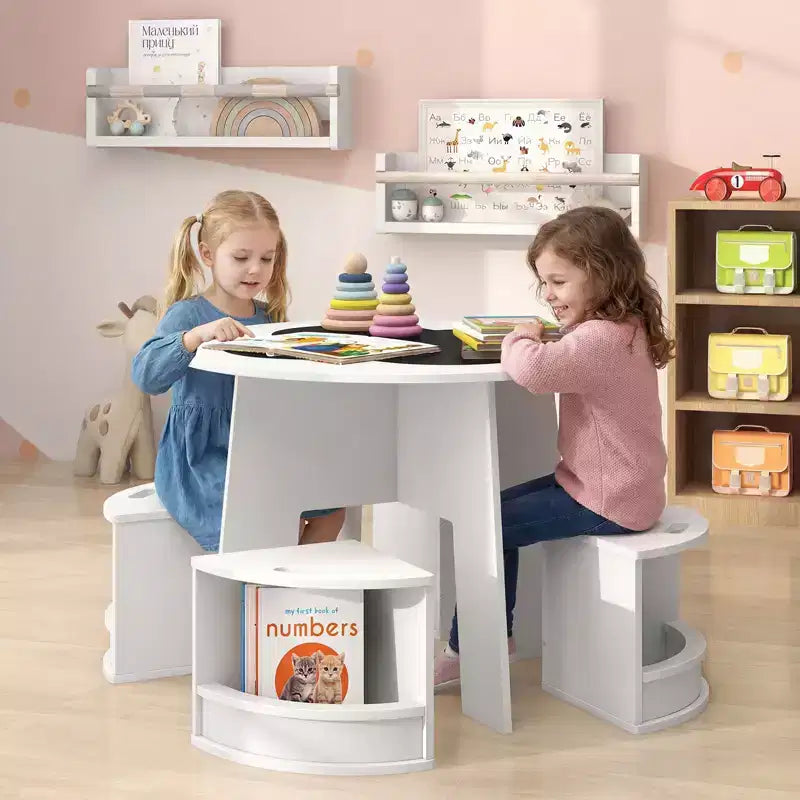 Costway Ensemble table et 5 chaises pour enfants avec tableau noir et tabourets de rangement pour la lecture, blanc