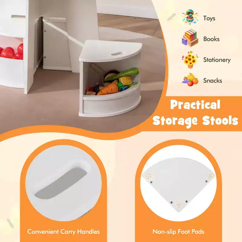 Costway Ensemble table et 5 chaises pour enfants avec tableau noir et tabourets de rangement pour la lecture, blanc