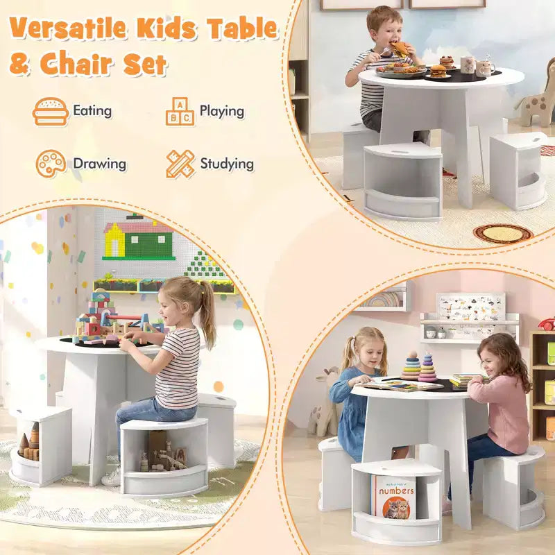 Costway Ensemble table et 5 chaises pour enfants avec tableau noir et tabourets de rangement pour la lecture, blanc