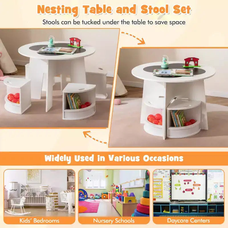 Costway Ensemble table et 5 chaises pour enfants avec tableau noir et tabourets de rangement pour la lecture, blanc