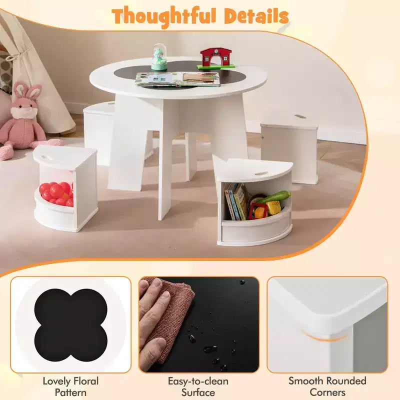 Costway Ensemble table et 5 chaises pour enfants avec tableau noir et tabourets de rangement pour la lecture, blanc