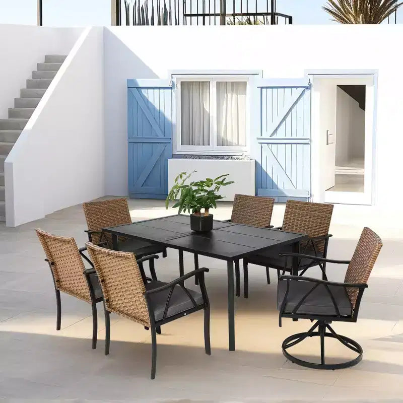 7 Piece Outdoor Wicker Patio Dining Set with Swivel Rocker Chairs and Removable Cushions for Yard