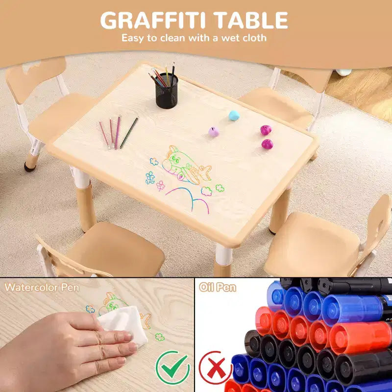 Ensemble Table et Chaises Garvee pour Enfants (4 chaises), Hauteur Réglable, Table d'Activités Antidérapante pour Tout-Petits, Tables d'Apprentissage Montessori et de Dessin,