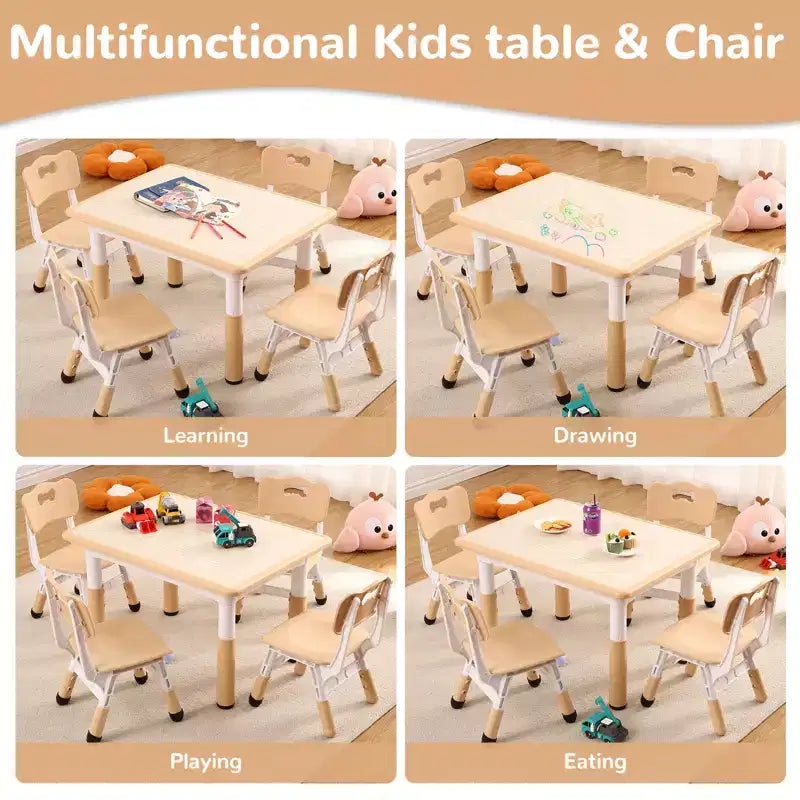 Ensemble Table et Chaises Garvee pour Enfants (4 chaises), Hauteur Réglable, Table d'Activités Antidérapante pour Tout-Petits, Tables d'Apprentissage Montessori et de Dessin,
