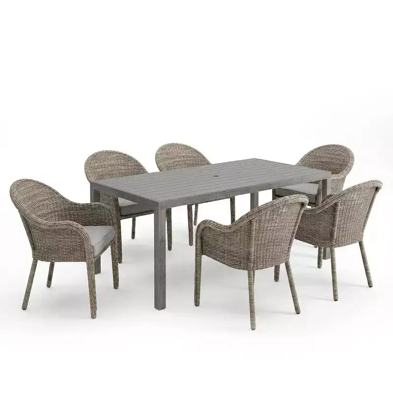 Martha Stewart All-Weather 62 Aluminum Patio Table with 6 Rattan Wicker Stack Chairs - Gray