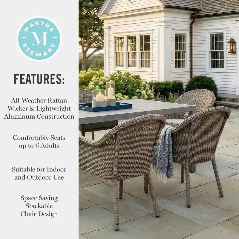 Table de patio Martha Stewart tout temps en aluminium 62 po avec 6 chaises empilables en osier tressé - Gris