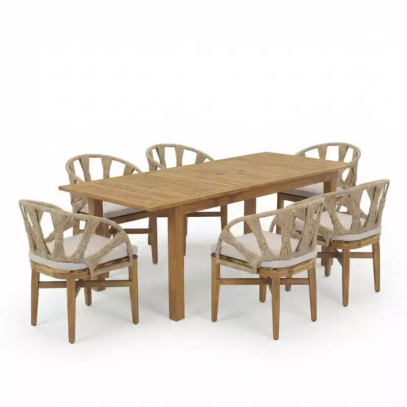 Christopher Knight Home Kenedy Ensemble de salle à manger 7 pièces bohème d'extérieur en bois d'acacia et osier avec table à lattes extensible