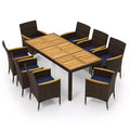 Gymax 9PC Outdoor Dining Set with Acacia Wood Tabletop and PE Rattan Chairs for 8 Includes Umbrella Hole for Patio Garden Deck