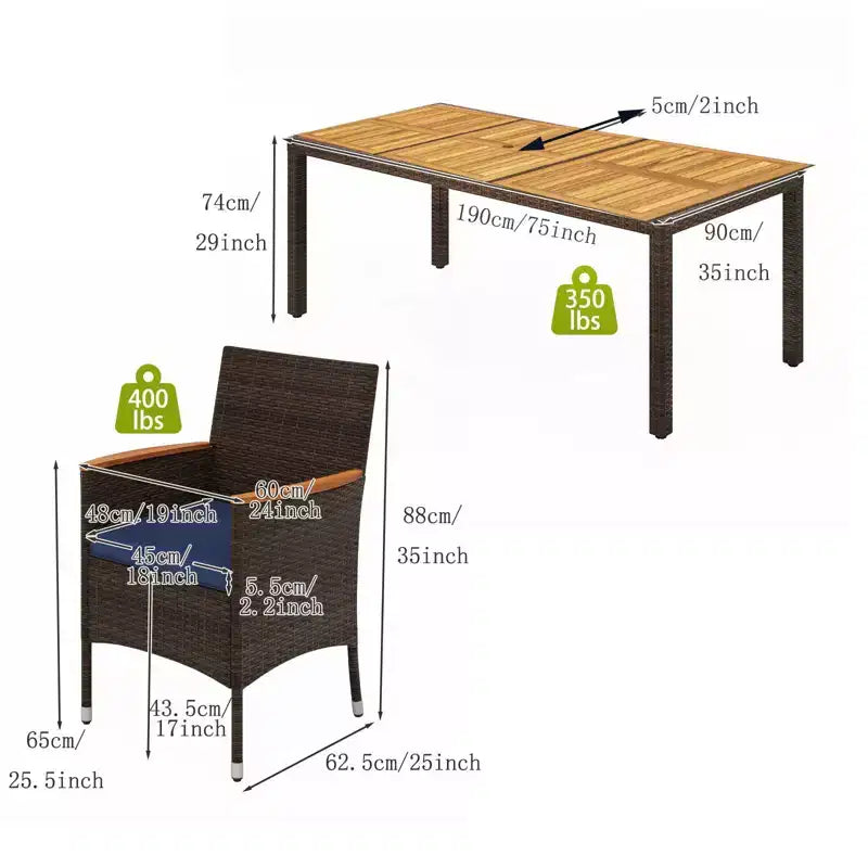 Gymax Ensemble de salle à manger d'extérieur 9 pièces avec plateau de table en bois d'acacia et chaises en rotin PE pour 8 personnes, comprend un trou pour parasol pour patio, jardin, terrasse