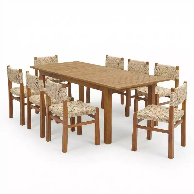 Ensemble de salle à manger d'extérieur Christopher Knight Home Fineas 9 pièces style bohème en bois d'acacia avec table à lattes extensible et motif en osier