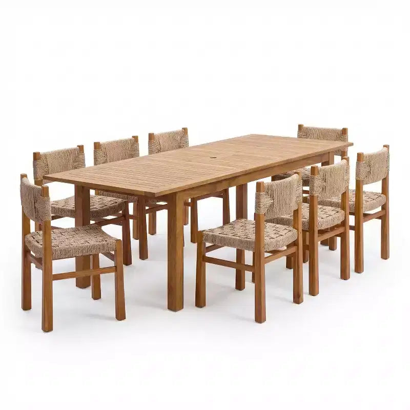 Ensemble de salle à manger d'extérieur Christopher Knight Home Fineas 9 pièces style bohème en bois d'acacia avec table à lattes extensible et motif en osier