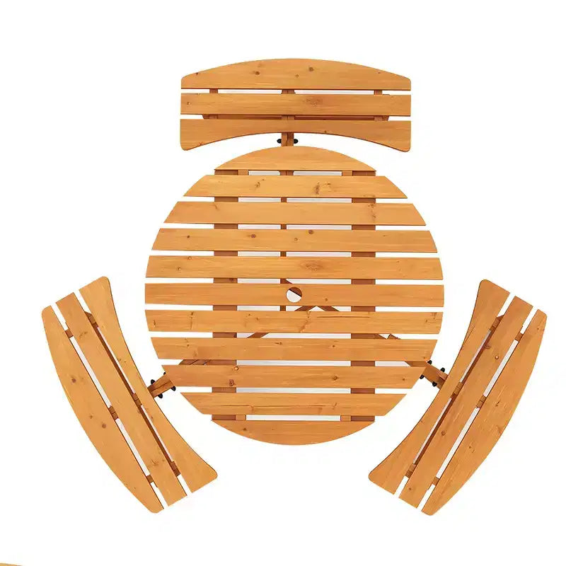 Gymax 6-Person Outdoor Round Picnic Table Set w/ 3 Built-in Benches & 2 Umbrella Hole for Patio Lawn Garden Brown/Yellow