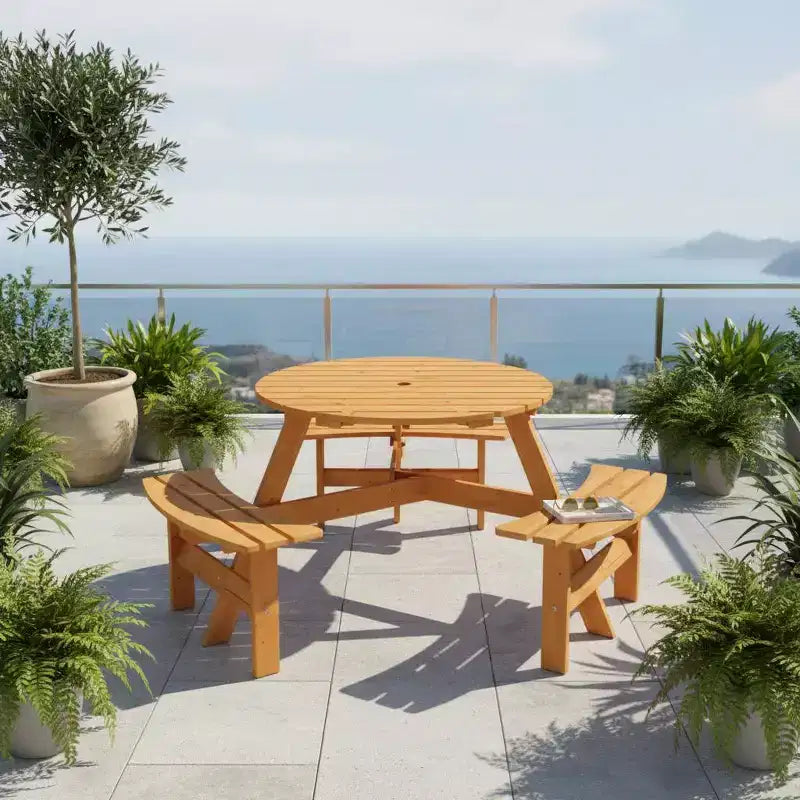 Table de pique-nique ronde d'extérieur Gymax 6 places avec 3 bancs intégrés et 2 trous pour parasol pour Patio Pelouse Jardin Marron/Jaune