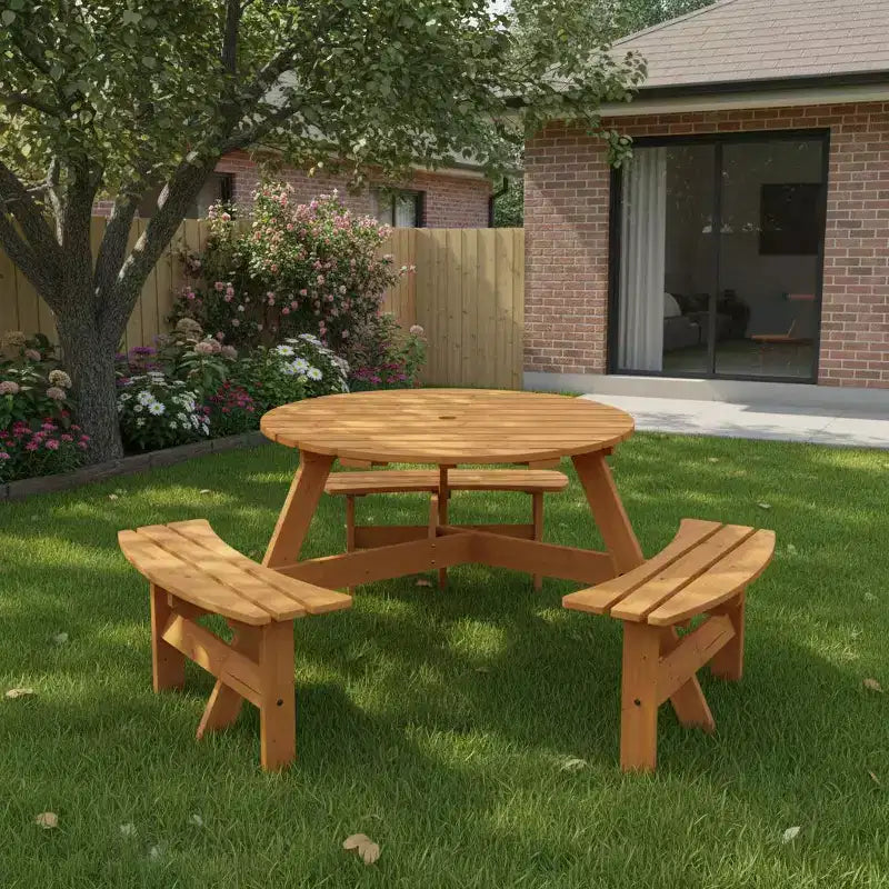 Table de pique-nique ronde d'extérieur Gymax 6 places avec 3 bancs intégrés et 2 trous pour parasol pour Patio Pelouse Jardin Marron/Jaune