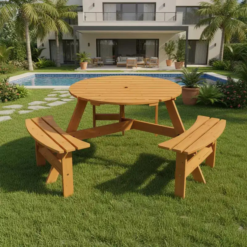 Table de pique-nique ronde d'extérieur Gymax 6 places avec 3 bancs intégrés et 2 trous pour parasol pour Patio Pelouse Jardin Marron/Jaune