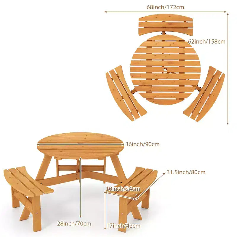 Table de pique-nique ronde d'extérieur Gymax 6 places avec 3 bancs intégrés et 2 trous pour parasol pour Patio Pelouse Jardin Marron/Jaune