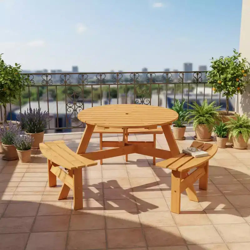 Table de pique-nique ronde d'extérieur Gymax 6 places avec 3 bancs intégrés et 2 trous pour parasol pour Patio Pelouse Jardin Marron/Jaune