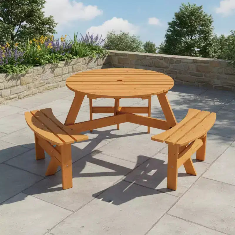 Table de pique-nique ronde d'extérieur Gymax 6 places avec 3 bancs intégrés et 2 trous pour parasol pour Patio Pelouse Jardin Marron/Jaune