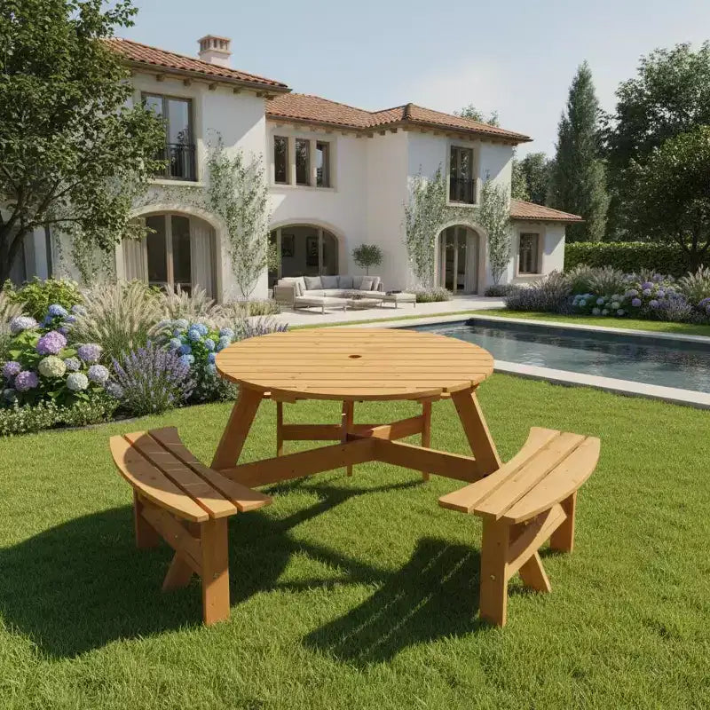 Table de pique-nique ronde d'extérieur Gymax 6 places avec 3 bancs intégrés et 2 trous pour parasol pour Patio Pelouse Jardin Marron/Jaune