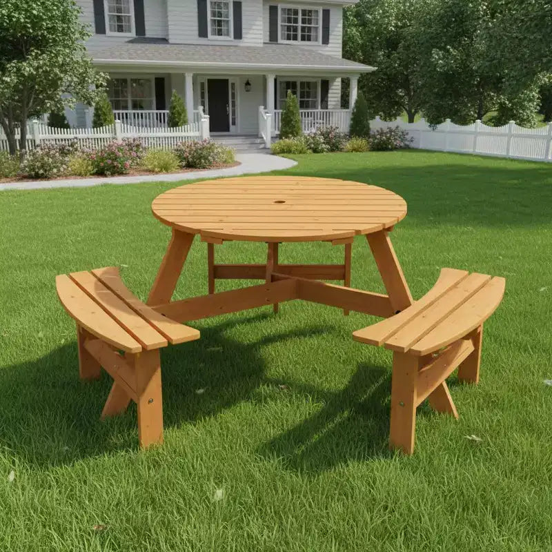 Table de pique-nique ronde d'extérieur Gymax 6 places avec 3 bancs intégrés et 2 trous pour parasol pour Patio Pelouse Jardin Marron/Jaune