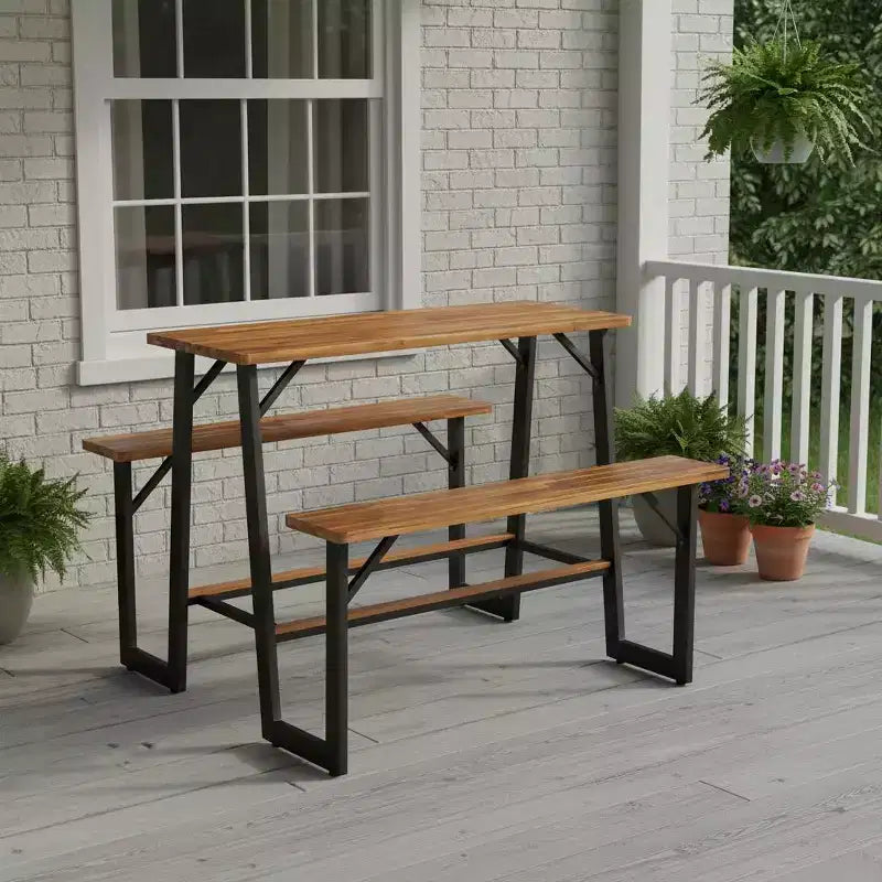 Ensemble banc de pique-nique et table de patio en bois d'acacia Gymax avec repose-pieds intégrés et pieds réglables pour des repas confortables en extérieur
