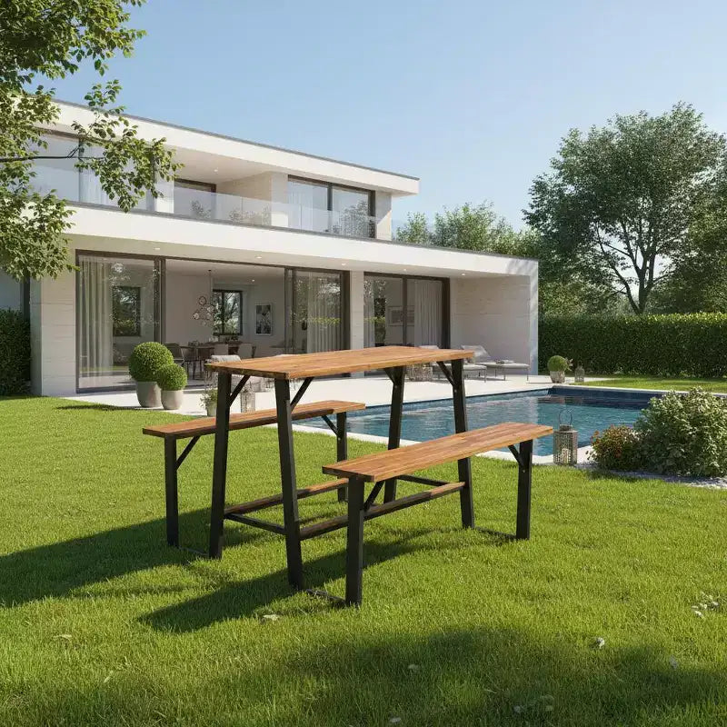 Ensemble banc de pique-nique et table de patio en bois d'acacia Gymax avec repose-pieds intégrés et pieds réglables pour des repas confortables en extérieur